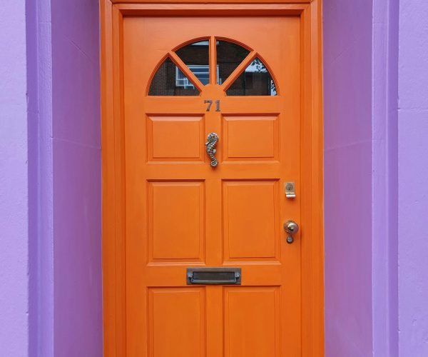 In this image a professionally painted door of light orange color with light purple background is shown, to showcase the door painting. This image is used in door painting section.